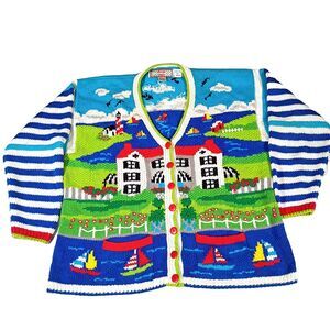 Vtg Cardigan Bay Graphic Chunky Sweater Seaside Sailboats Beach House Colorful L